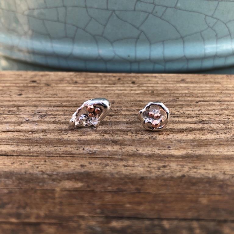 silver & copper water cast stud earrings